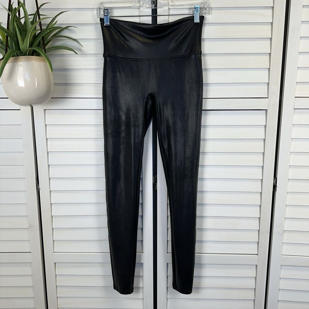 Spanx Black Faux Leather Leggings Power‎ Waistband Coated Athleisure Size M